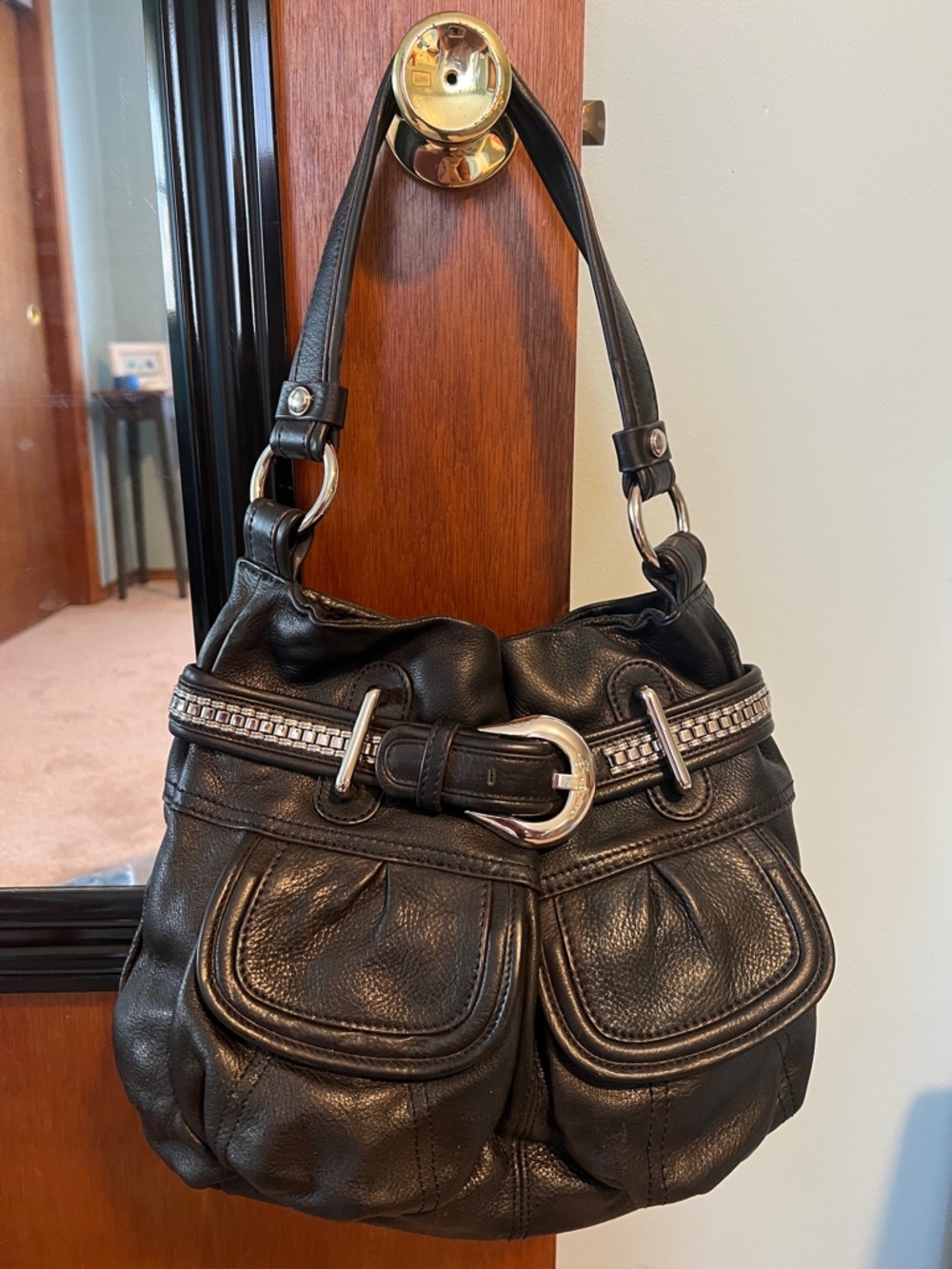 B Markowsky Black Leather Shoulder Bag with Rhinestone Belt Accent